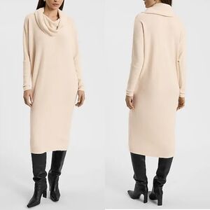 NEW Express Women's Beige Cowl Neck Long Sleeve Ribbed Knit Sweater Dress Sz‎ XL